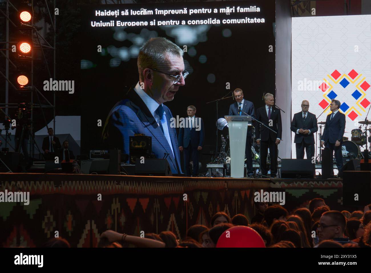 Chisinau, Republik Moldau 27. Agosto 2024: Unabhängigkeitstag der Republik Moldau - 2024 Im Bild: Edgars Rinkevics Präsident / Praesident von Lettland gratuliert den Moldauern zum 33. Unabhaengigkeitstag der Republik Moldau zu ihrer Unabhaengigkeit Piata Neamul Adunari Nationale Orhei *** Chisinau, Repubblica di Moldavia 27 agosto 2024 giorno dell'indipendenza della Repubblica di Moldavia 2024 nella foto Edgars Rinkevics Presidente della Lettonia si congratula con i moldavi per la loro indipendenza per la giornata dell'indipendenza 33 della Repubblica di Moldavia Piata Neamul Adunari National Orhei Copyright: Foxtos Foto Stock