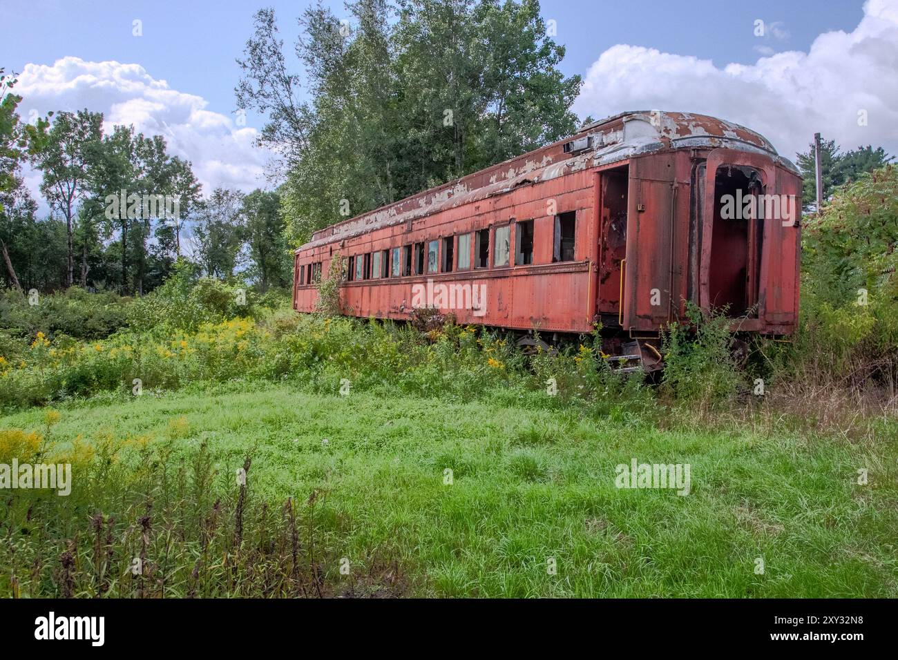 Un vagone ferroviario d'epoca è dismesso a Cooperstown Junction, New York, riposa in un campo, mostrando il suo fascino rustico. Foto Stock