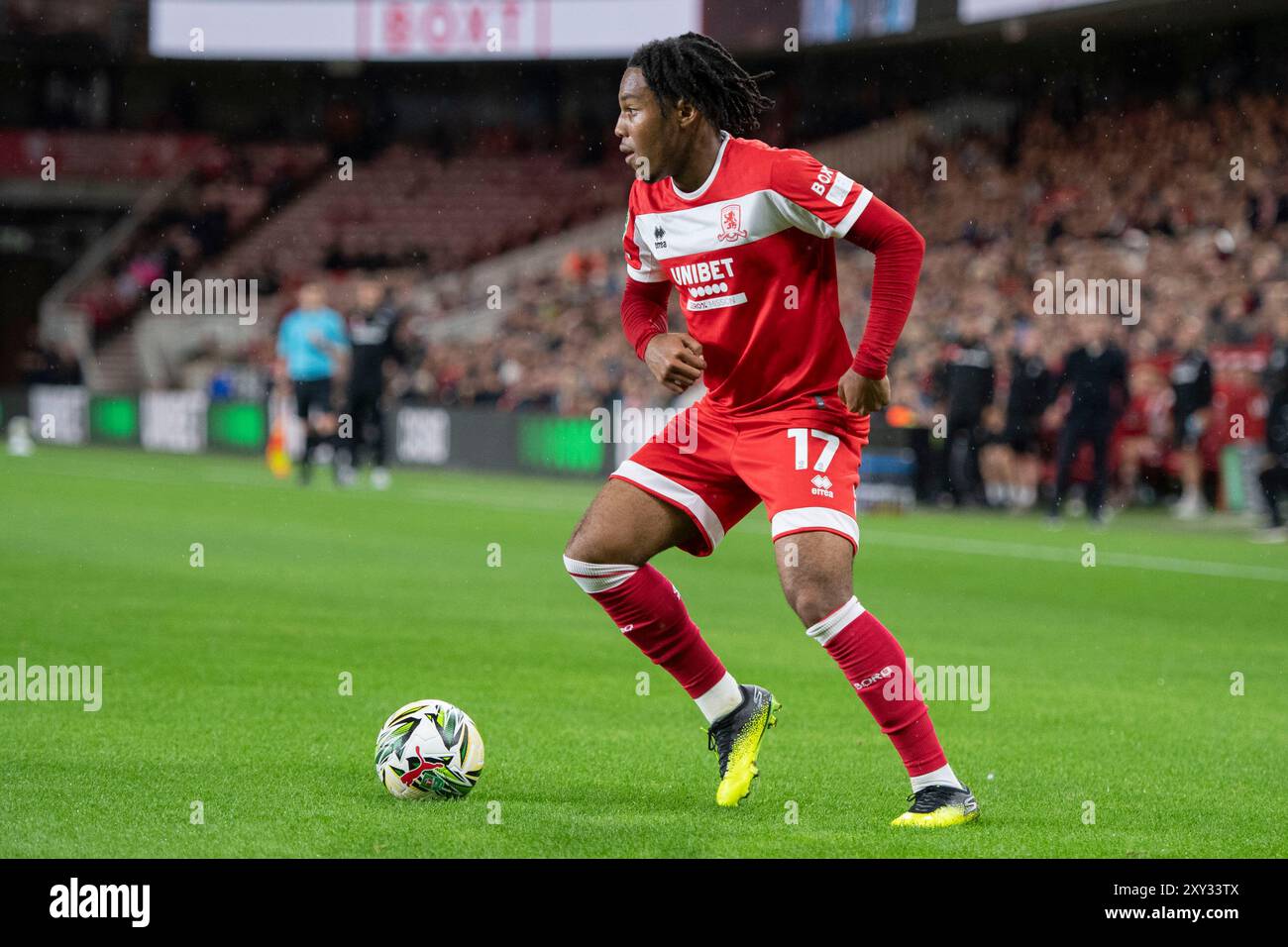 Micah Hamilton di Middlesbrough durante la partita del secondo turno della Carabao Cup tra Middlesbrough e Stoke City al Riverside Stadium di Middlesbrough martedì 27 agosto 2024. (Foto: Trevor Wilkinson | mi News) crediti: MI News & Sport /Alamy Live News Foto Stock