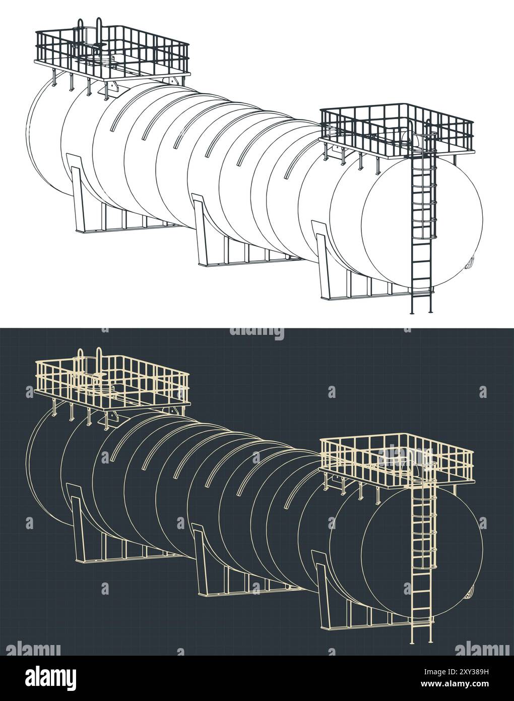 Illustrazioni vettoriali stilizzate dei progetti di un grande serbatoio di stoccaggio orizzontale Illustrazione Vettoriale