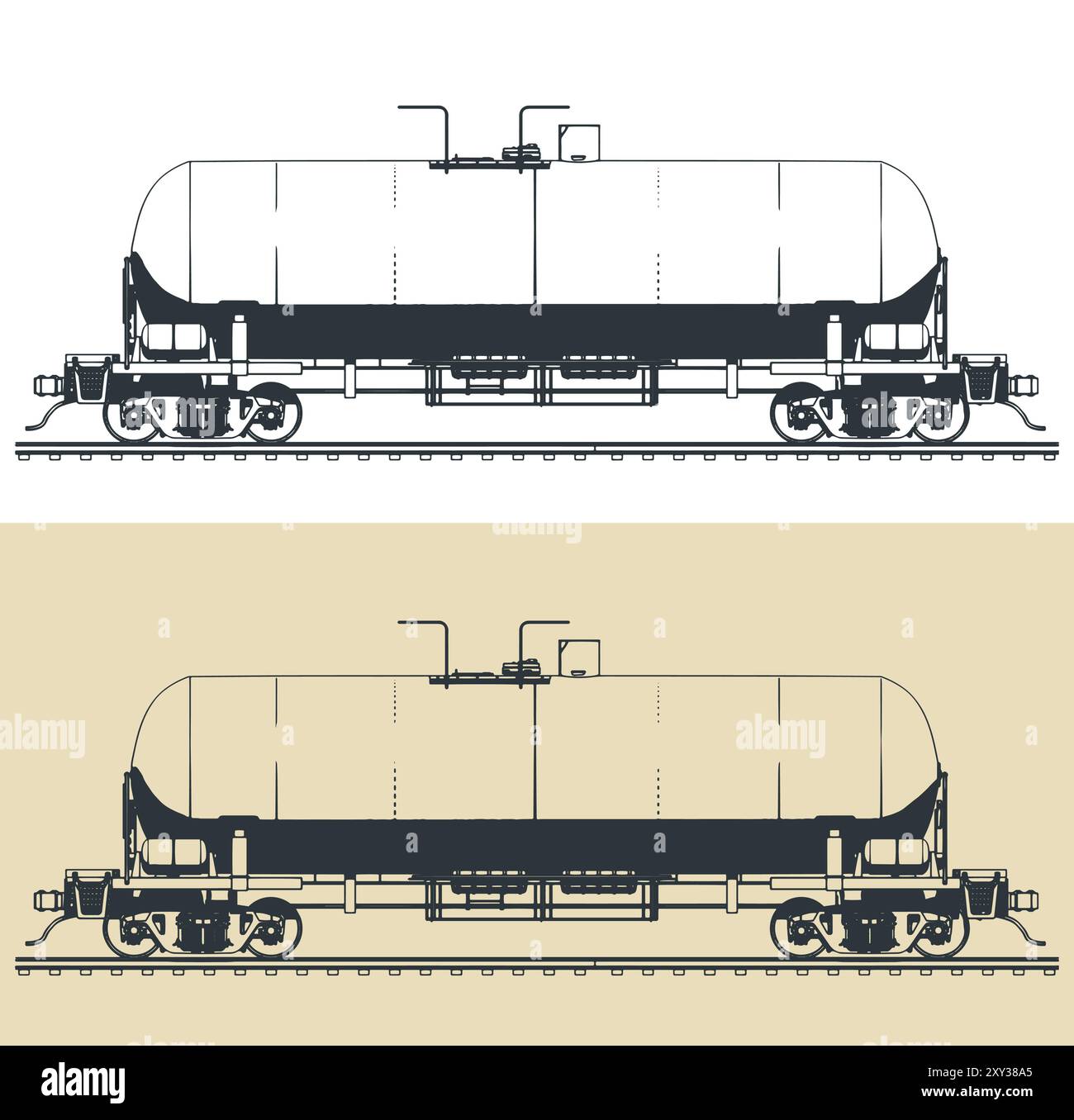 Illustrazioni vettoriali stilizzate di un vagone cisterna ferroviario Illustrazione Vettoriale