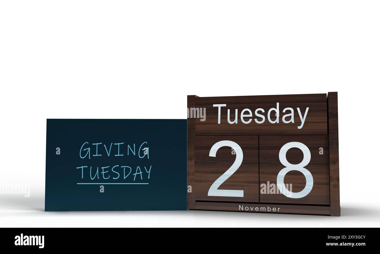 Blocco di cubo di carta legno dare tuesdat 28 martedì novembre oggetto di testo volontario assistenza comunitaria altruismo sostegno donazione sollievo charitabletoget Foto Stock