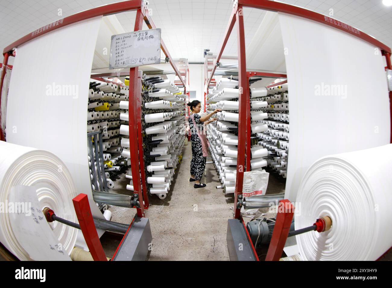 SUQIAN, CINA - 27 AGOSTO 2024 - Un lavoratore sta producendo prodotti in tessuto di plastica per l'esportazione nei paesi del sud-est asiatico in un workshop a Suqian, Jiangs Foto Stock