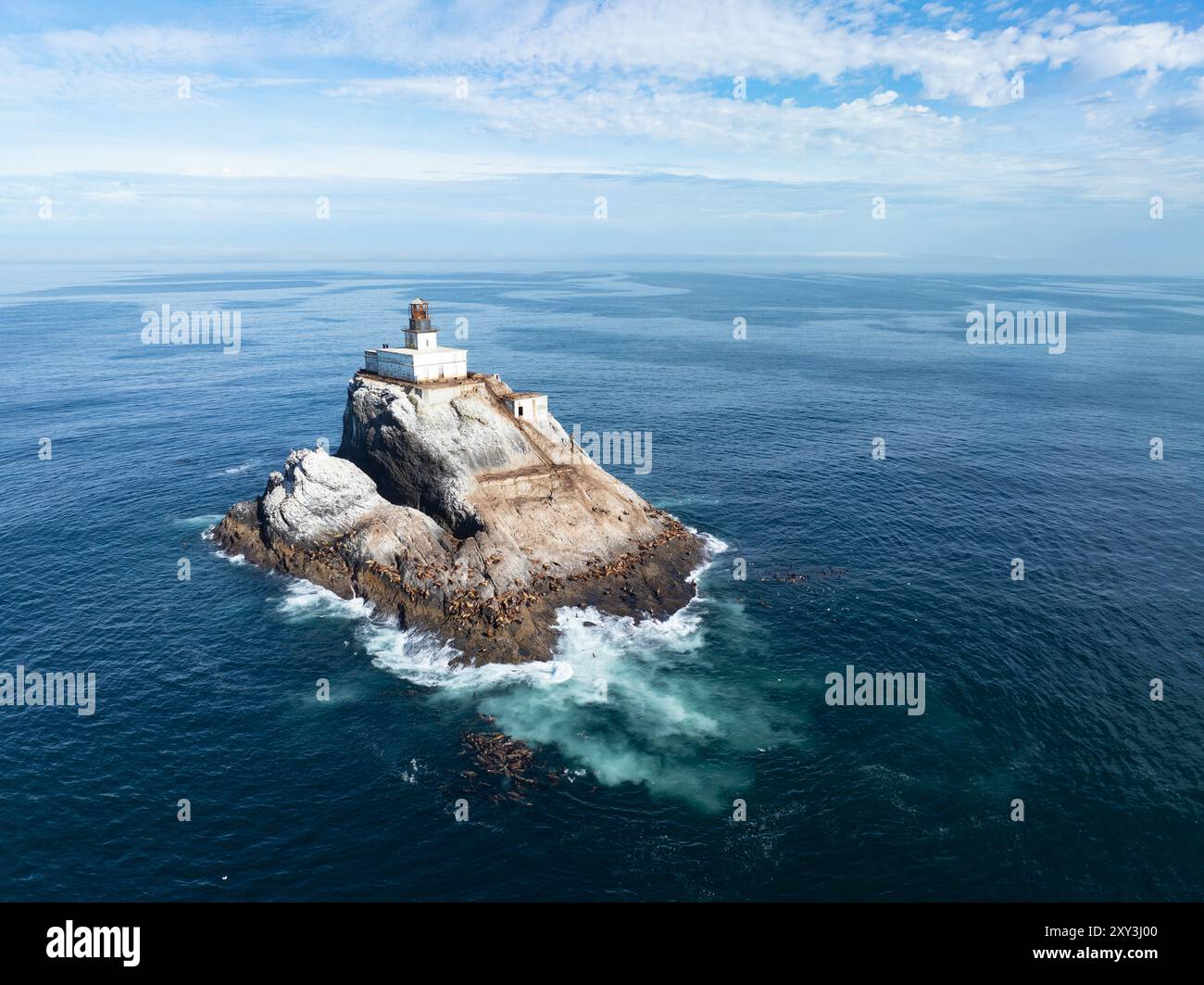 Un faro disattivato sorge su Tillamook Rock, al largo della costa frastagliata dell'Oregon settentrionale. Il faro remoto è stato originariamente commissionato nel 1878. Foto Stock
