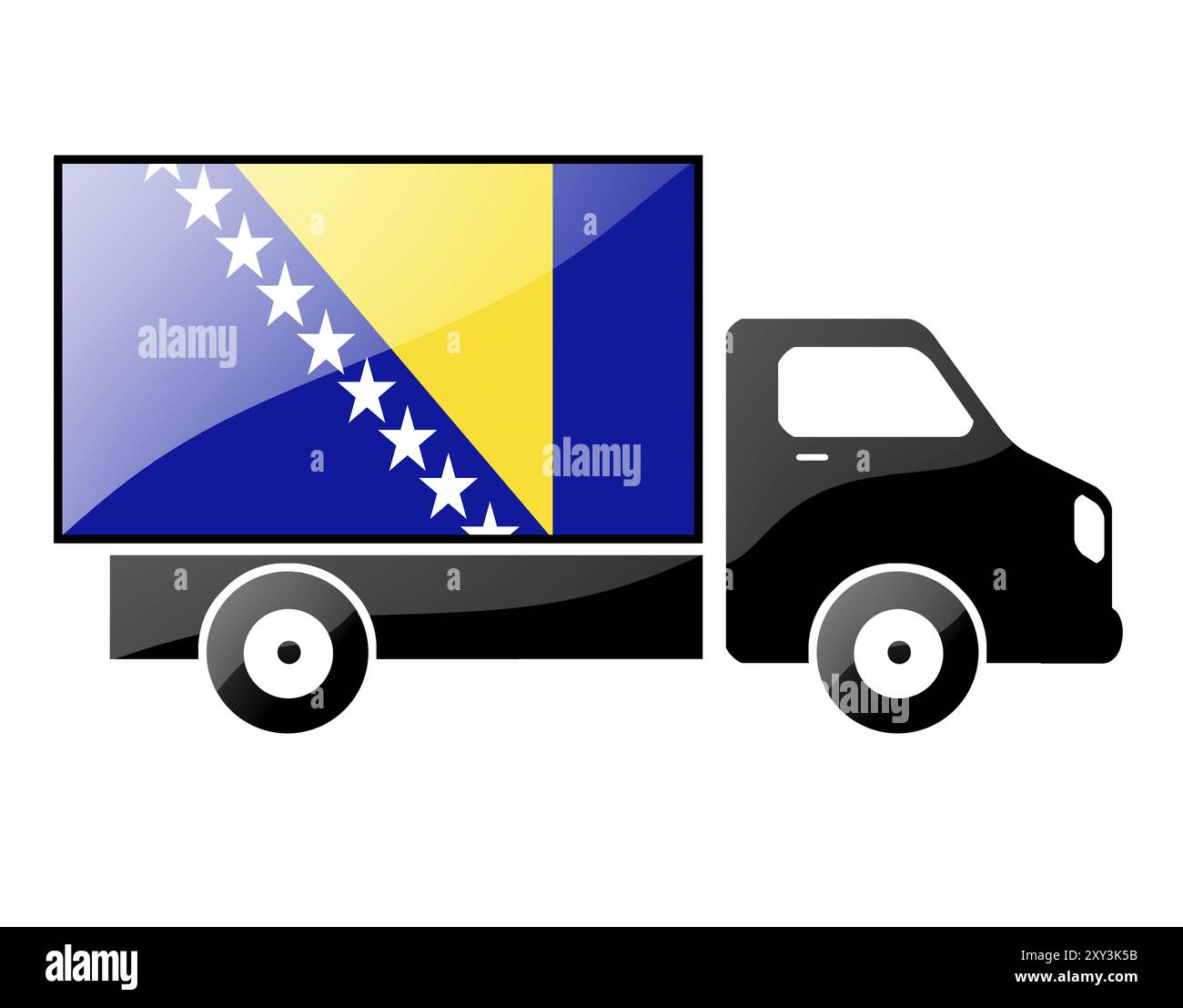 La bandiera della Bosnia ed Erzegovina è dipinta sulla silhouette di un camion. illustrazione lucida Foto Stock