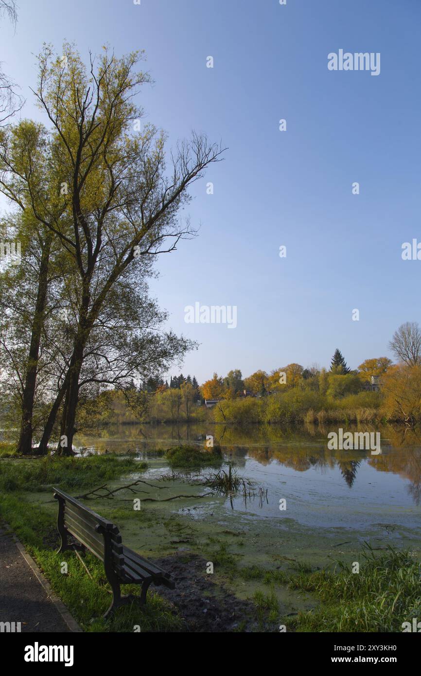 Escursioni lungo la Tegler Fliess vicino a Berlino in autunno con il sole Foto Stock