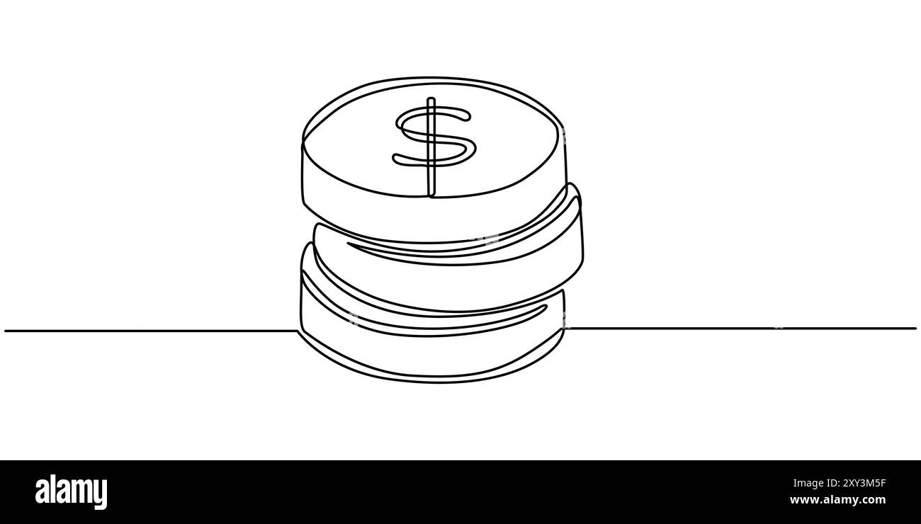 Le monete si impilano con le lamelle che disegnano una linea continua. Concetto di investimento aziendale. Illustrazione vettoriale isolata su bianco Illustrazione Vettoriale