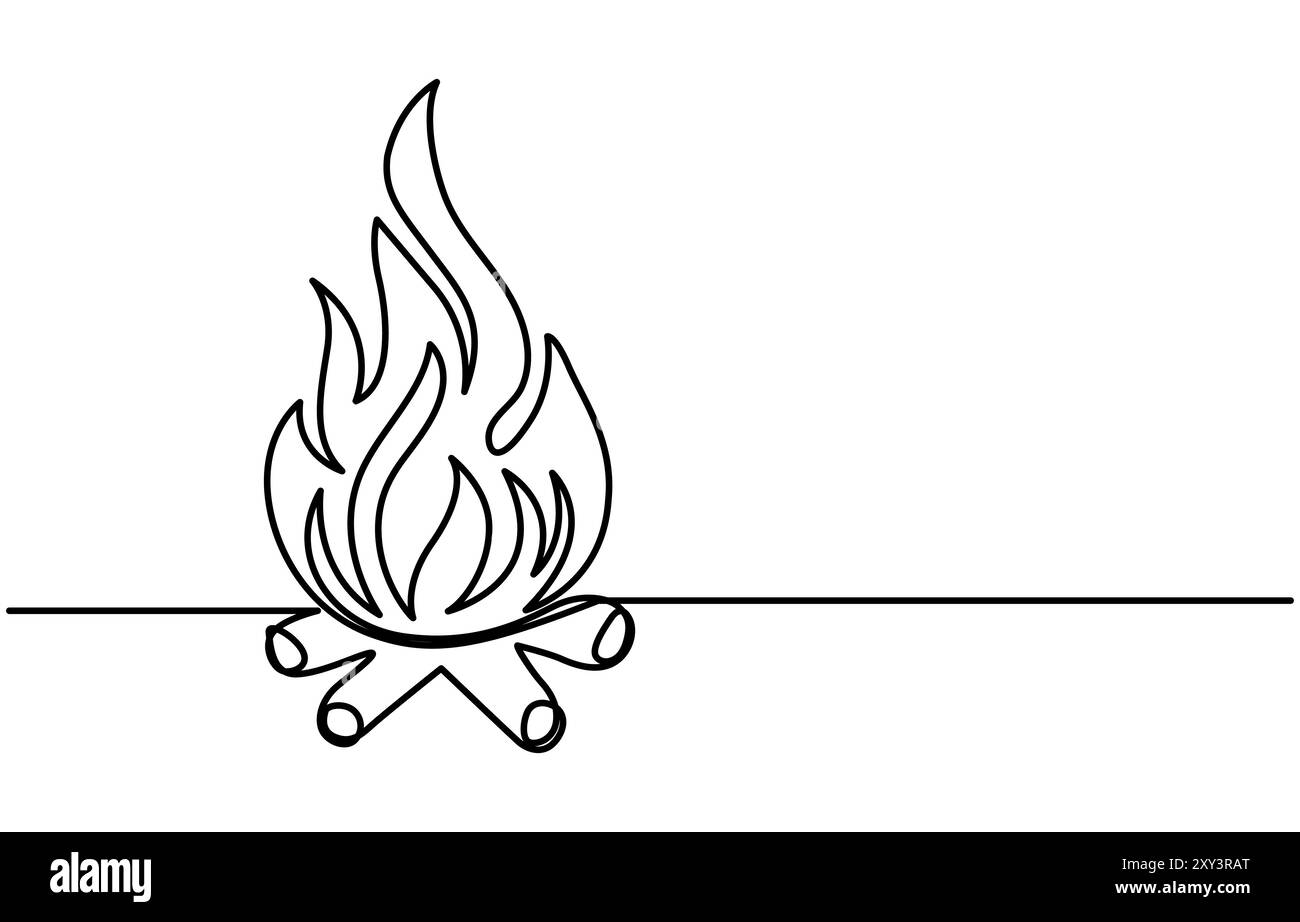 Disegno continuo modificabile dell'icona del fuoco. Simbolo della fiamma in stile a una linea, disegno continuo di un'unica linea dell'attività di campeggio falò. Illustrazione Vettoriale