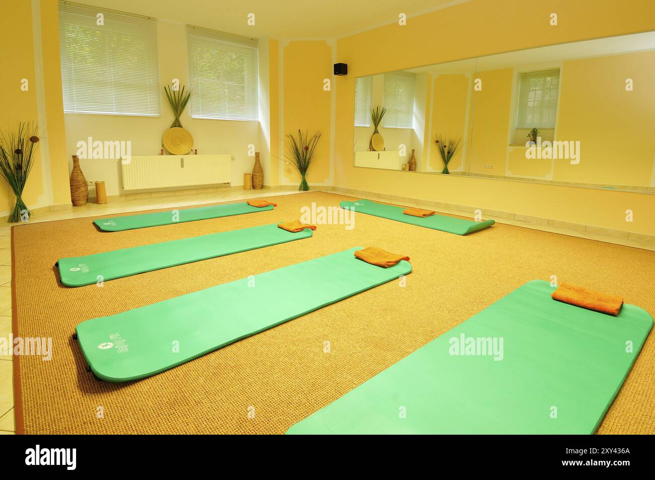 Sala yoga con tappetini e specchi. Sala yoga con tappetini e specchi Foto Stock