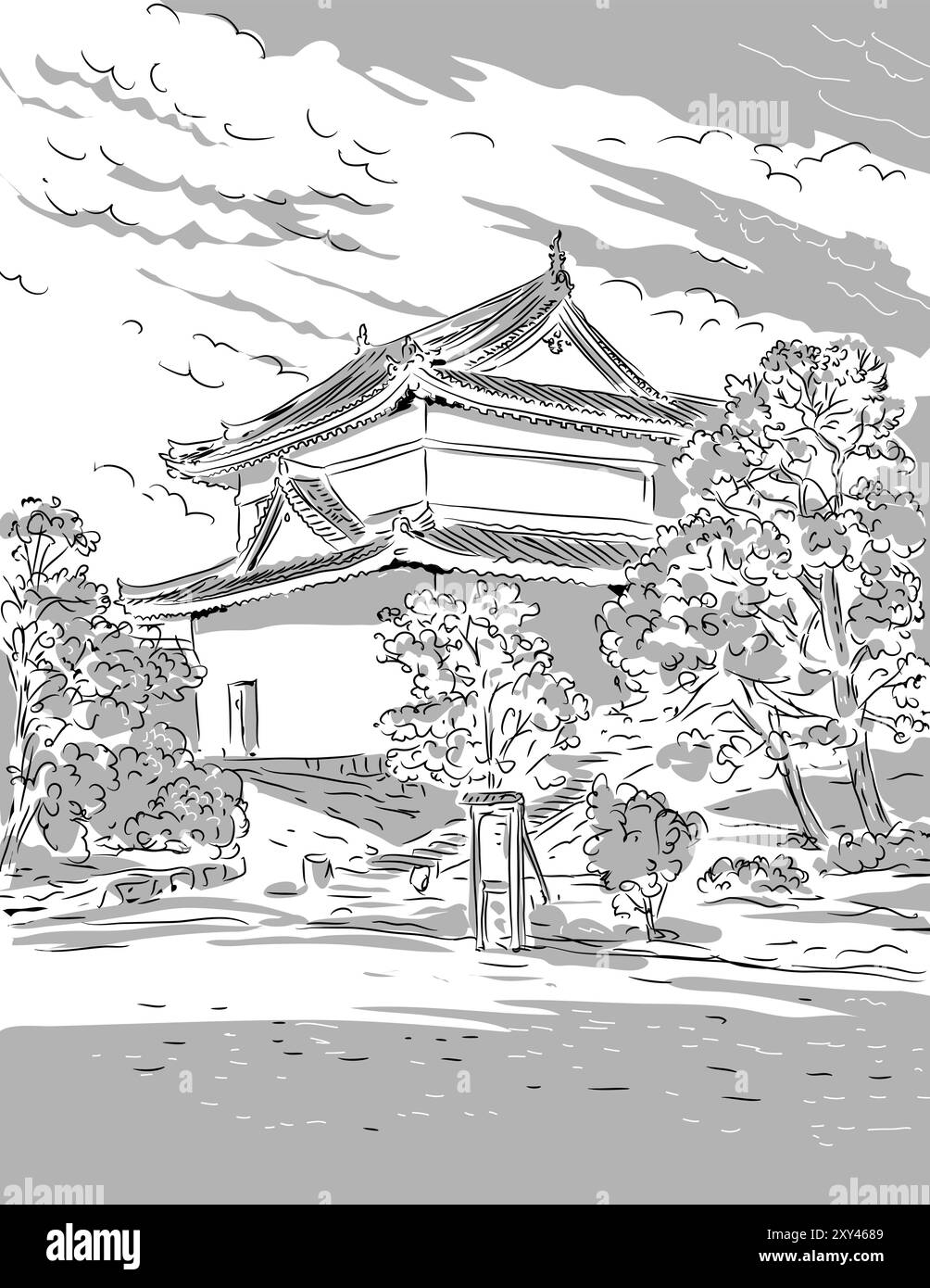 Disegno illustrazione in stile sketch del castello Moto-Rikyu Nijo a Kyoto, Giappone su sfondo isolato realizzato in arte in linea bianca e nera. Illustrazione Vettoriale