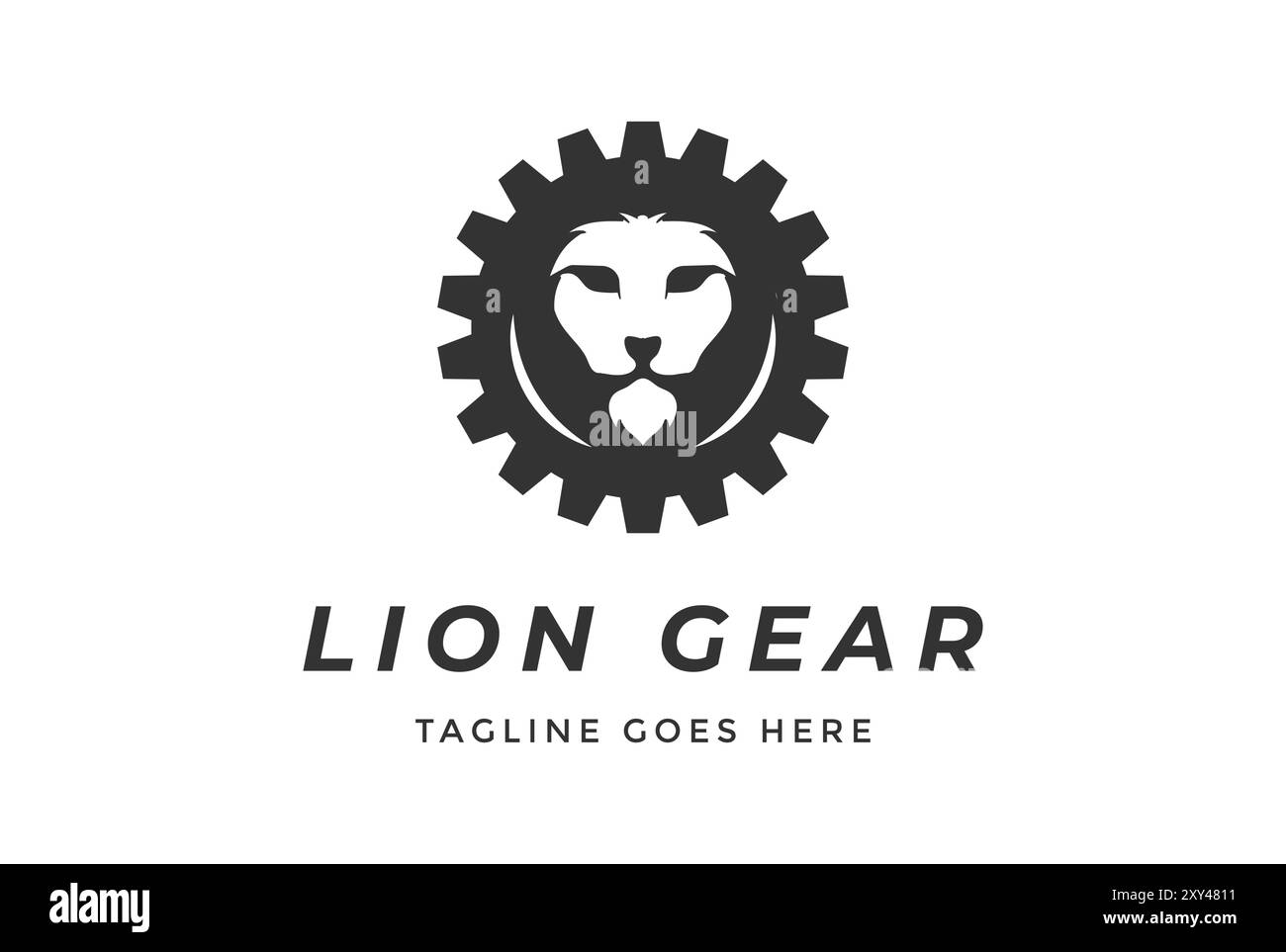 Robusta faccia con testa a leone con Gear Cog Machine per la progettazione di logo industriali Illustrazione Vettoriale