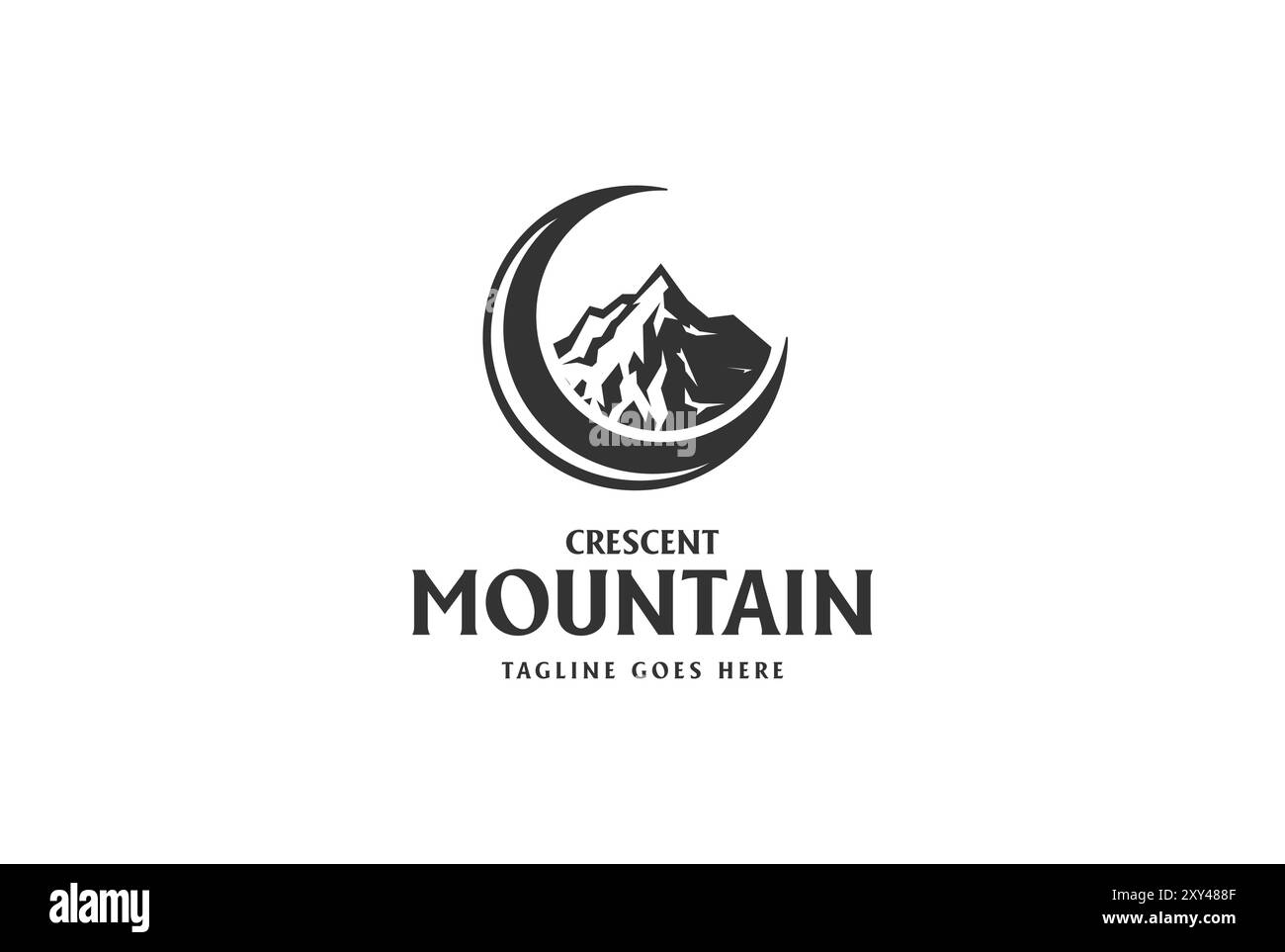 Vintage retro Crescent Moon con Ice Rock Mountain per avventura notturna all'aperto Logo Design Vector Illustrazione Vettoriale