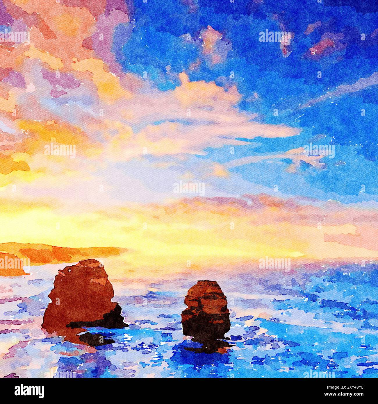 Alba presso i 12 Apostoli, Great Ocean Road, Australia, acquerello digitale da Photograph è uno dei più famosi e popolari dell'Australia. Foto Stock