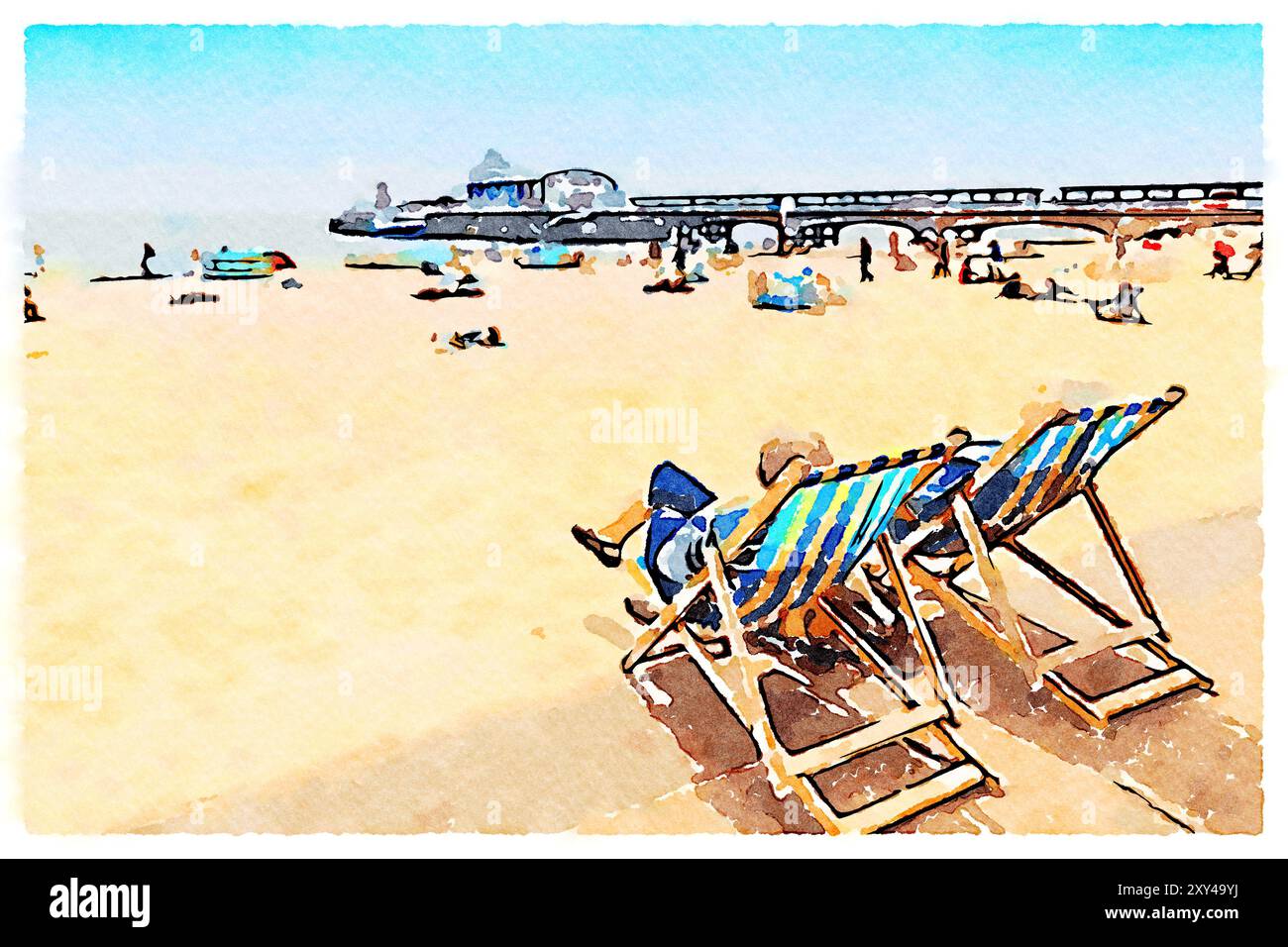 Coppia senior seduta su sdraio con vista sulla spiaggia e sul molo di Bournemouth, Dorset, Inghilterra. Acquerello digitale dalla fotografia Foto Stock