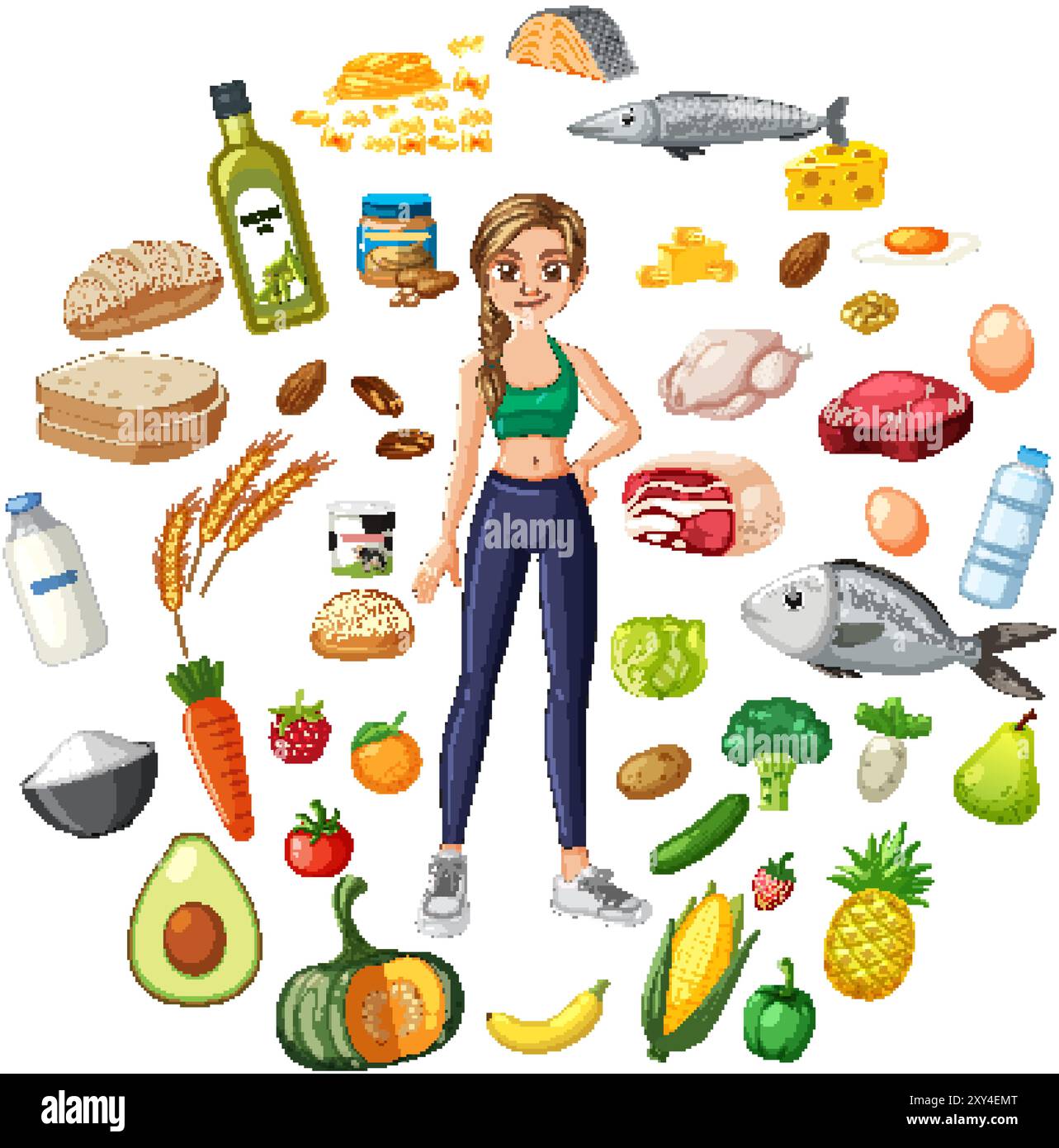 Illustrazione di alimenti nutrienti e di uno stile di vita sano Illustrazione Vettoriale