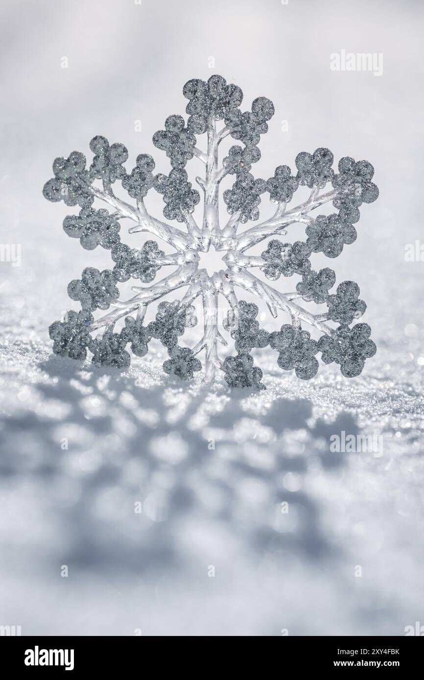 Decorazione natalizia d'argento. Splendido fiocco di neve su neve vera all'aperto. Concetto di vacanza invernale Foto Stock