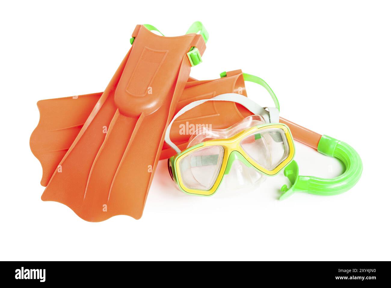 Attrezzatura per immersioni subacquee, maschera da snorkeling e pinne bianche isolate Foto Stock