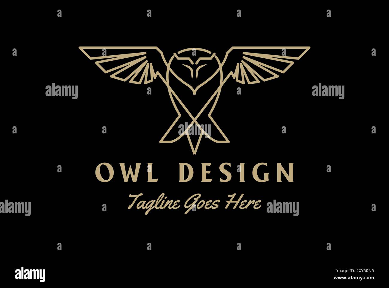 Design con logo monogramma Golden Geometric Flying Owl Bird Line Vector Illustrazione Vettoriale