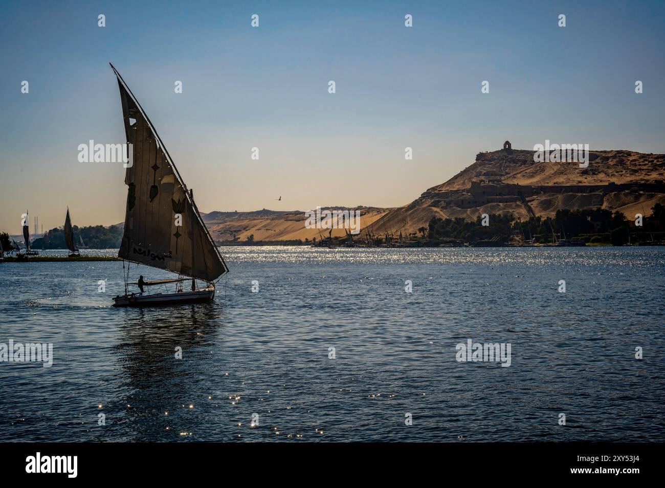 Felucca batte nel Nilo ad Assuan, Egitto. Febbraio 2023 Foto Stock