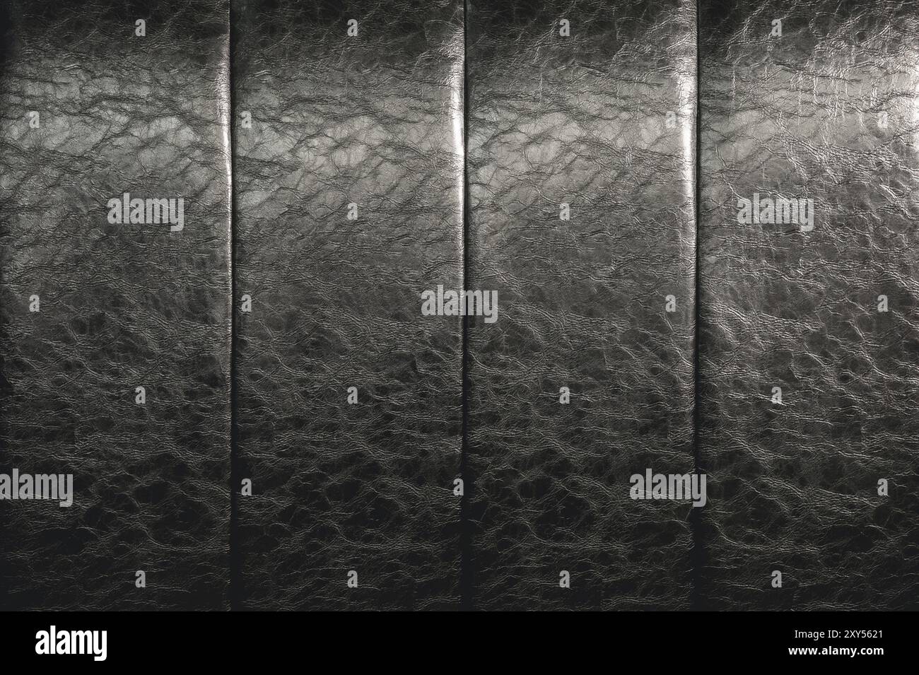 La consistenza della vera pelle sul retro del letto. Le strisce verticali della pelle sono nere. Costosa lucentezza della pelle artificiale Foto Stock