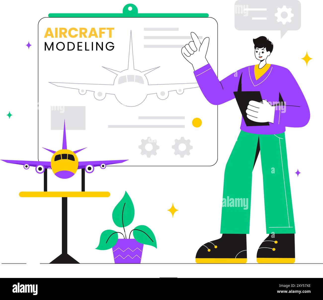Modellazione di aeromobili e creazione di un'illustrazione vettoriale con assemblaggio o verniciatura di un modello di aereo enorme come una replica di un esistente sullo sfondo Illustrazione Vettoriale