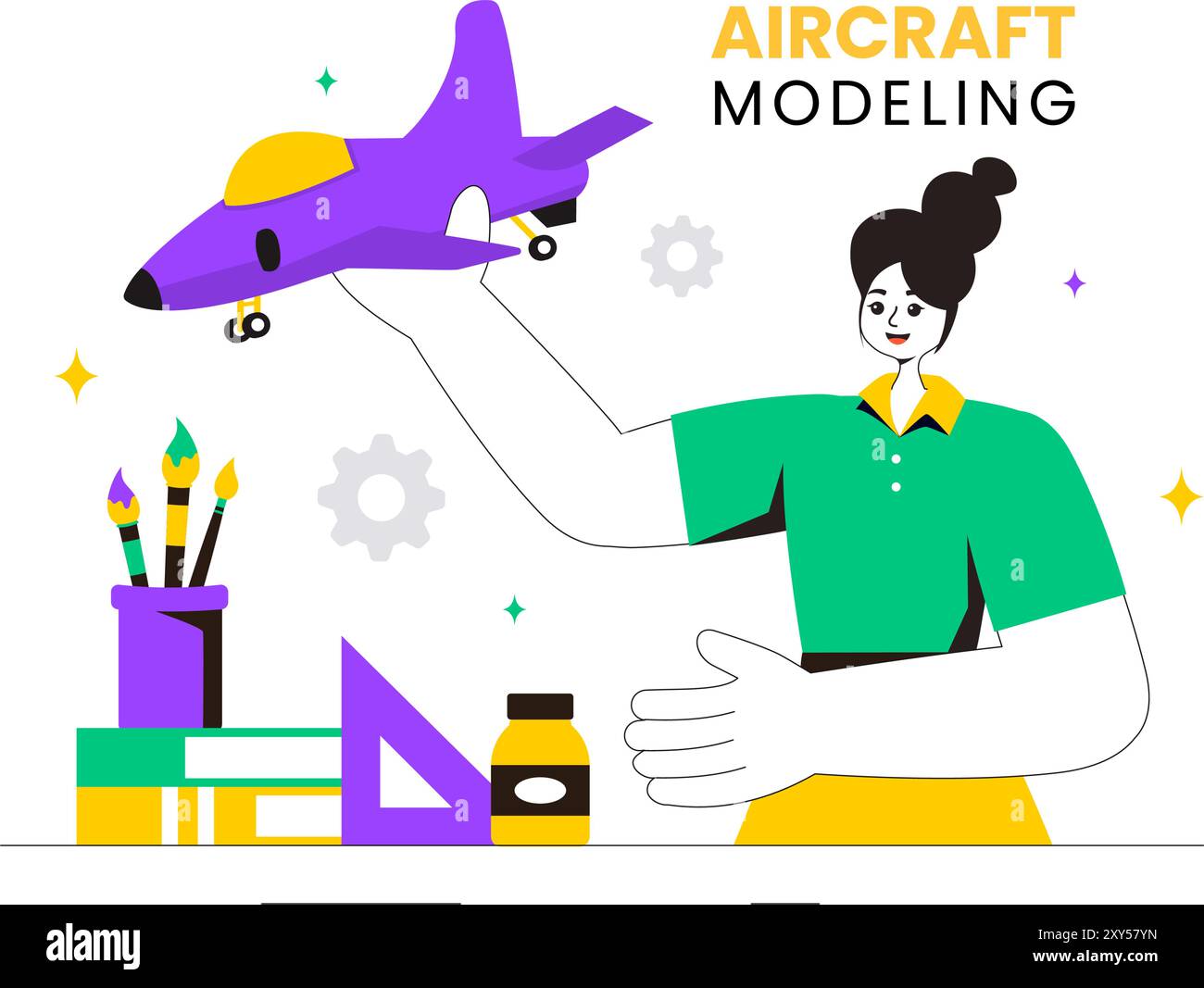 Modellazione di aeromobili e creazione di un'illustrazione vettoriale con assemblaggio o verniciatura di un modello di aereo enorme come una replica di un esistente sullo sfondo Illustrazione Vettoriale