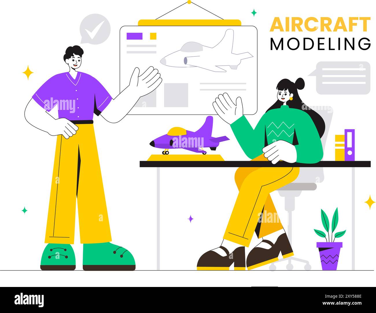 Modellazione di aeromobili e creazione di un'illustrazione vettoriale con assemblaggio o verniciatura di un modello di aereo enorme come una replica di un esistente sullo sfondo Illustrazione Vettoriale