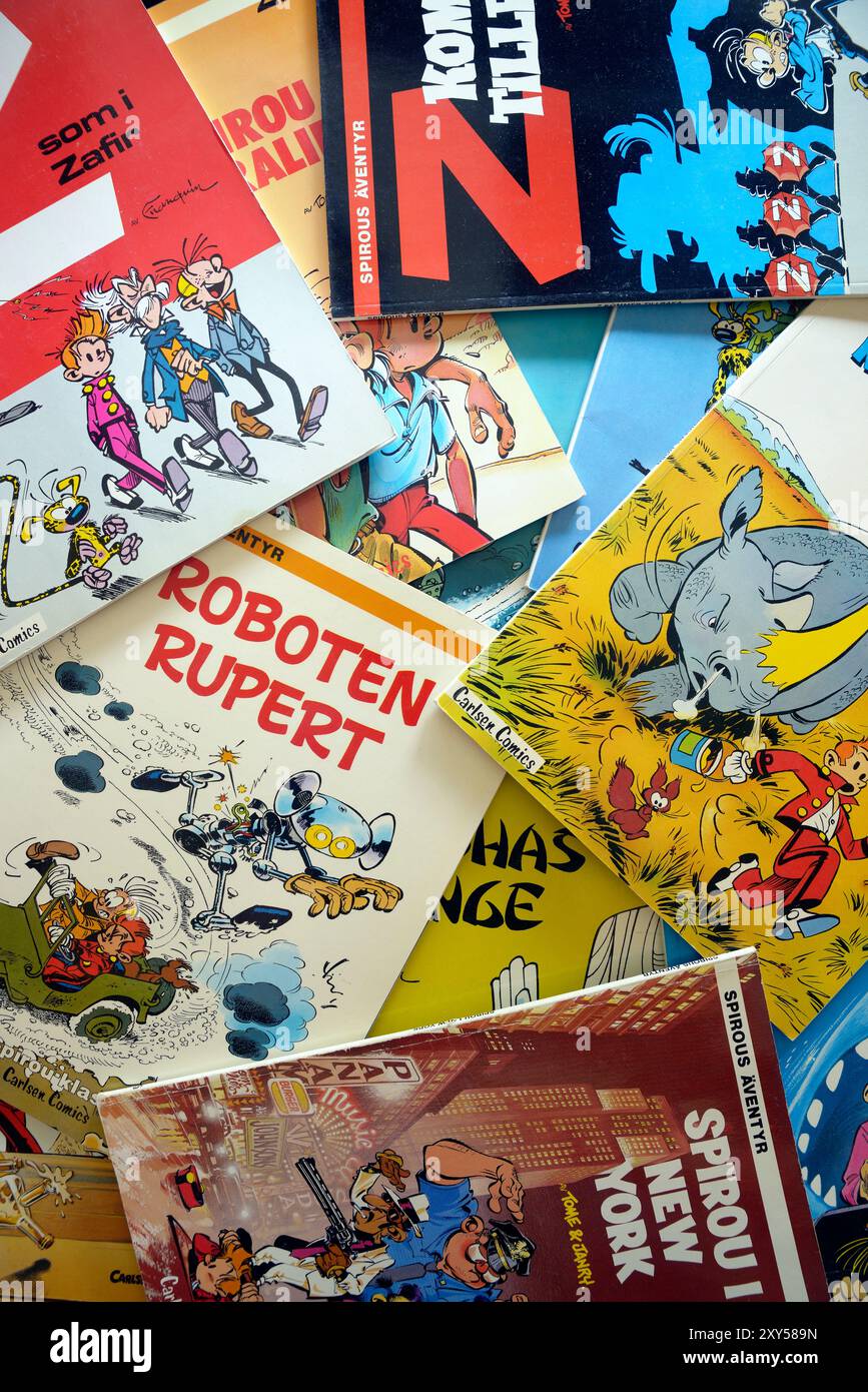 Stoccolma, Svezia 28 agosto 2024. Una pila di fumetti Spirou Foto Stock