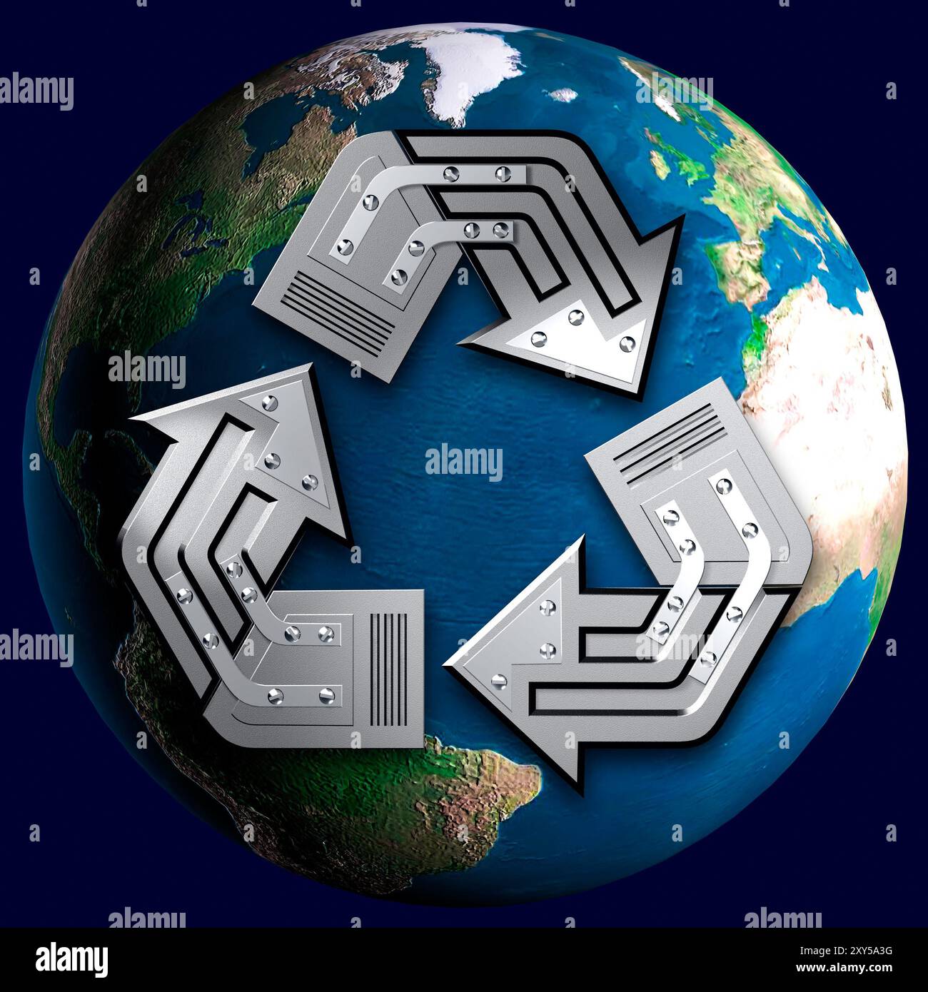 Riciclaggio artistico simbolo oltre il globo terrestre Conceptual 3D illustrazione Ambiente ed ecologia concetto Foto Stock