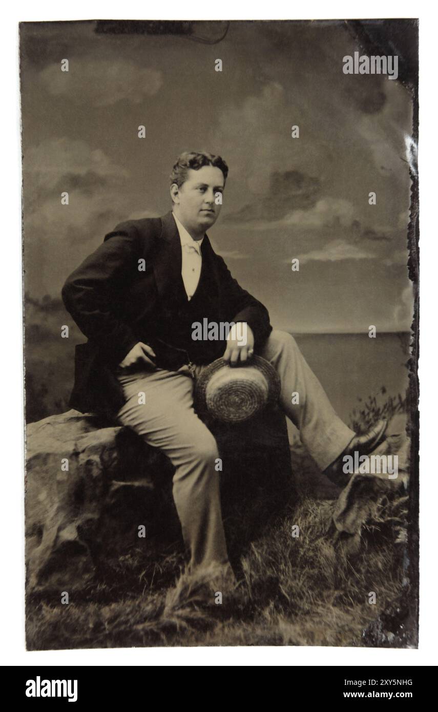 Primo piano di una foto d'epoca del XIX secolo di un uomo americano realizzata su lastre metalliche japanned note anche come foto di tintype, ferrotype o melainotype Foto Stock