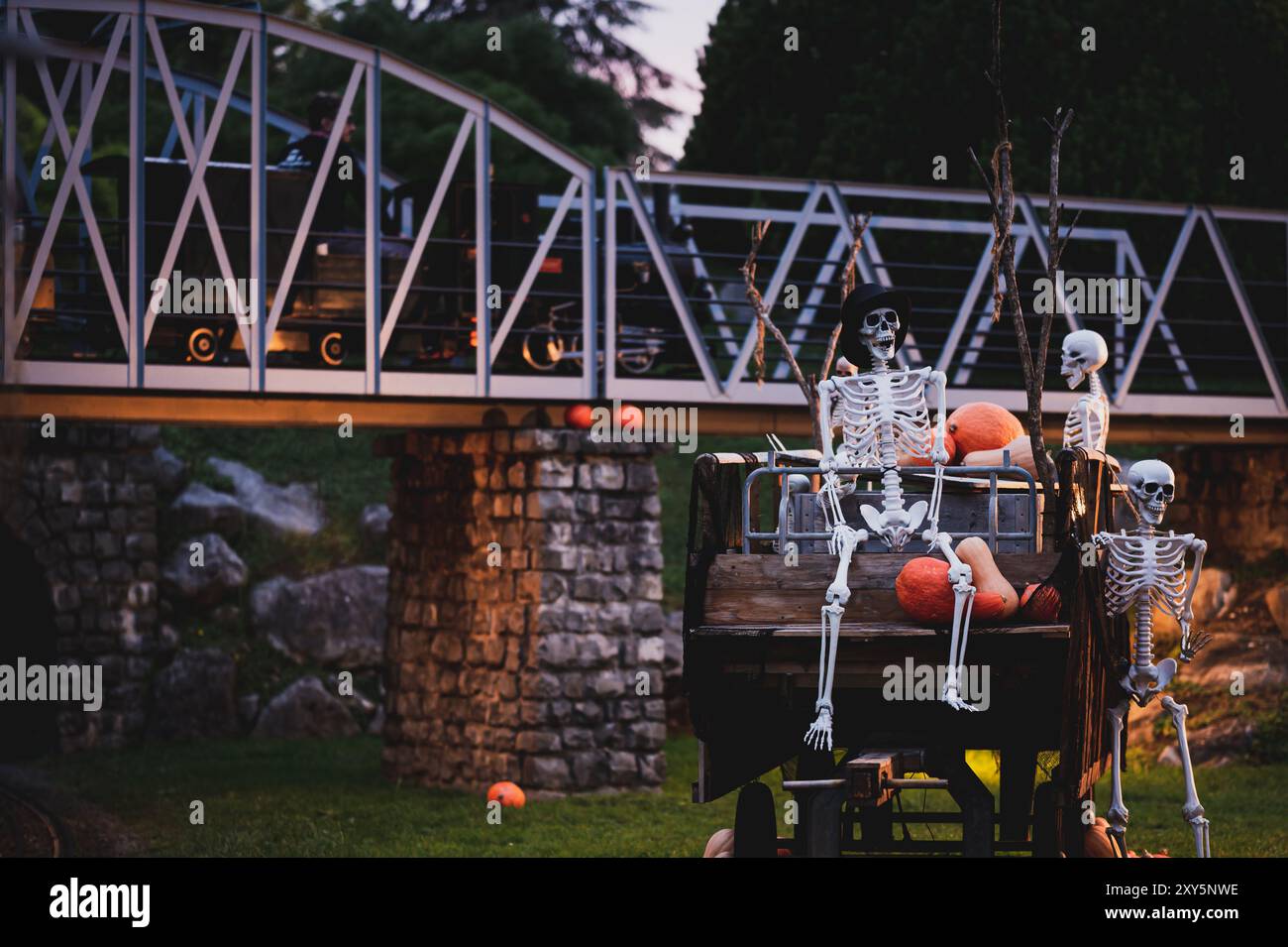 Scheletro umano su carrozza di legno con zucche. Decorazione di Halloween di notte. Foto Stock