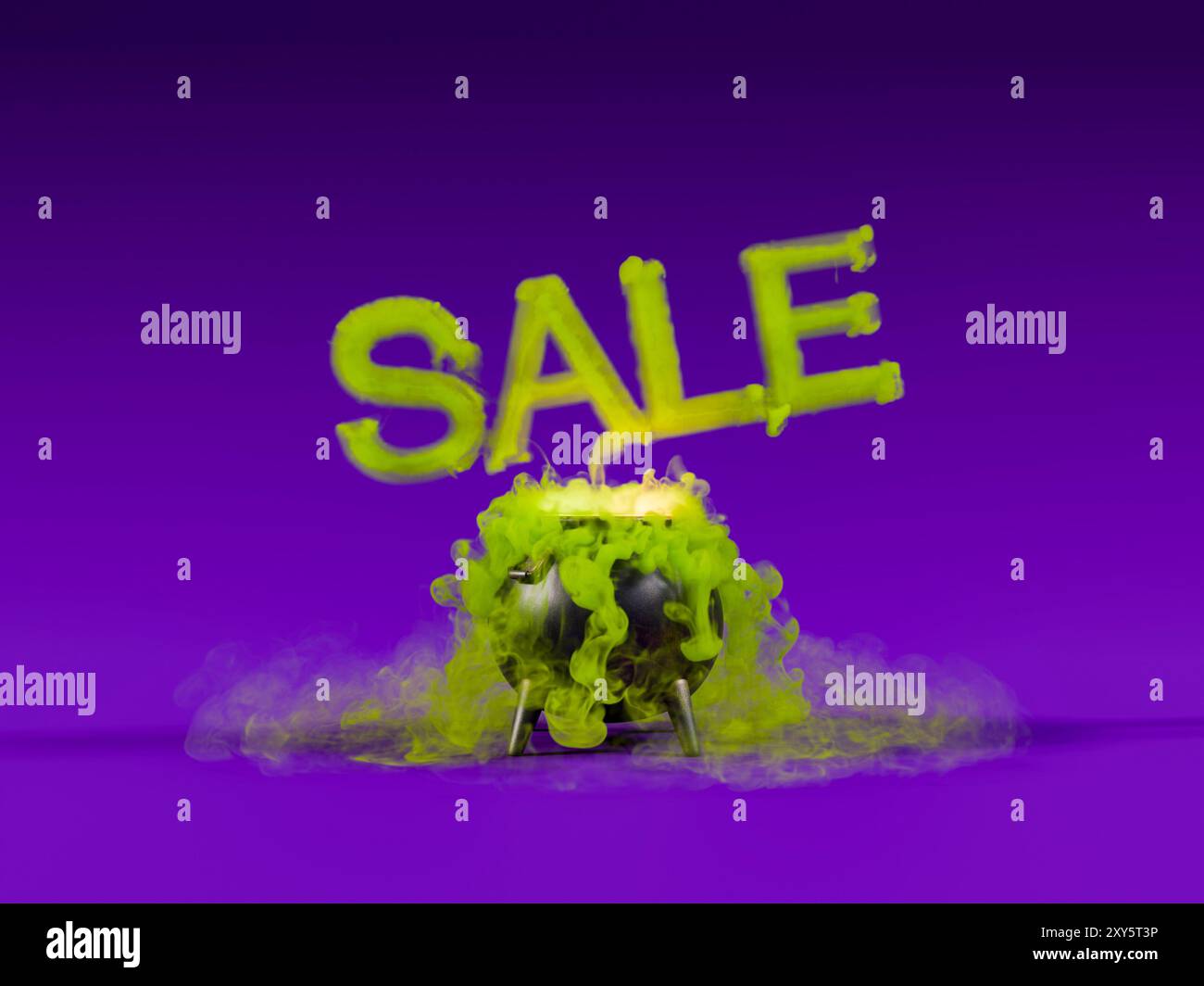 Calderone di strega con fumo verde che forma un titolo di vendita per le campagne di vendita e marketing a tema halloween. rendering 3d. Foto Stock