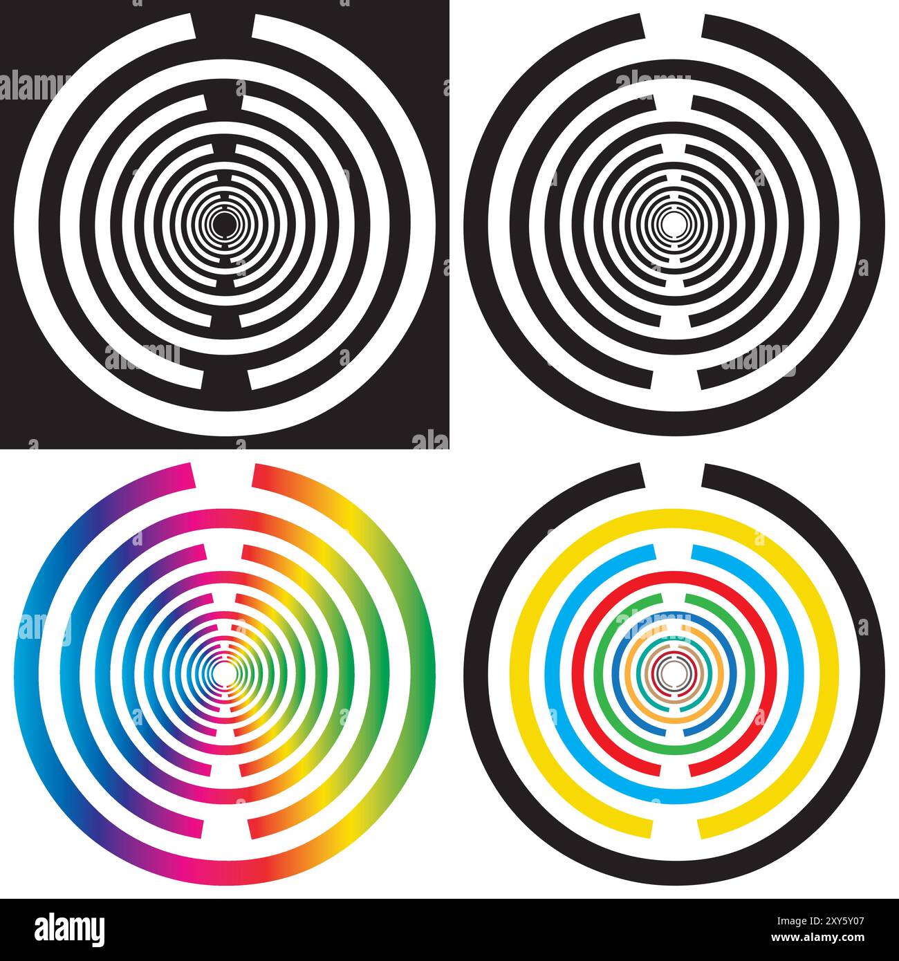 Antenna di risonanza oscillatore multionda, emettitore a onda scalare per l'armonizzazione - Design vettoriale - colori nero e arcobaleno - Set di 4 icone Illustrazione Vettoriale