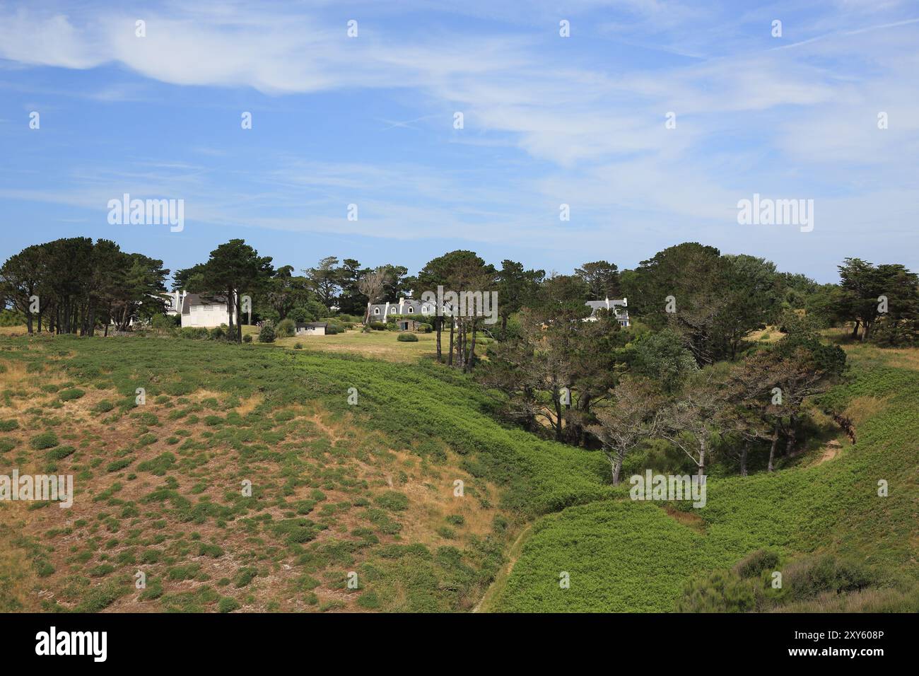 Villaggio nell'entroterra tra Port Lost Kah e Pointe de Skeul, Belle Ile en Mer, Bretagna, Francia Foto Stock