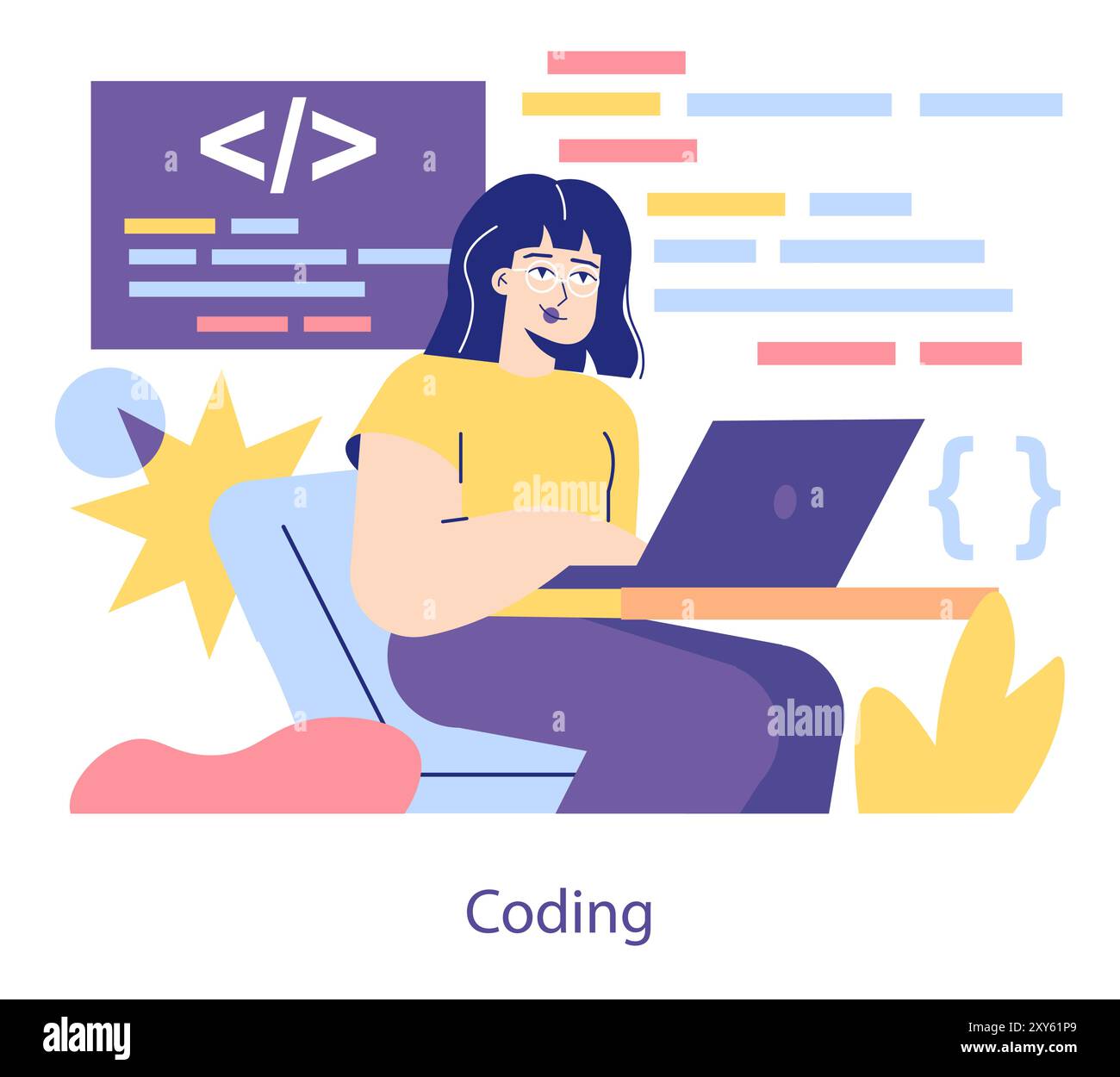 Concetto di educazione STEM. Un personaggio femminile si impegna a codificare su un notebook, simboleggiando l'alfabetizzazione digitale. Apprendimento dei linguaggi di programmazione e sviluppo di software. Illustrazione vettoriale. Illustrazione Vettoriale