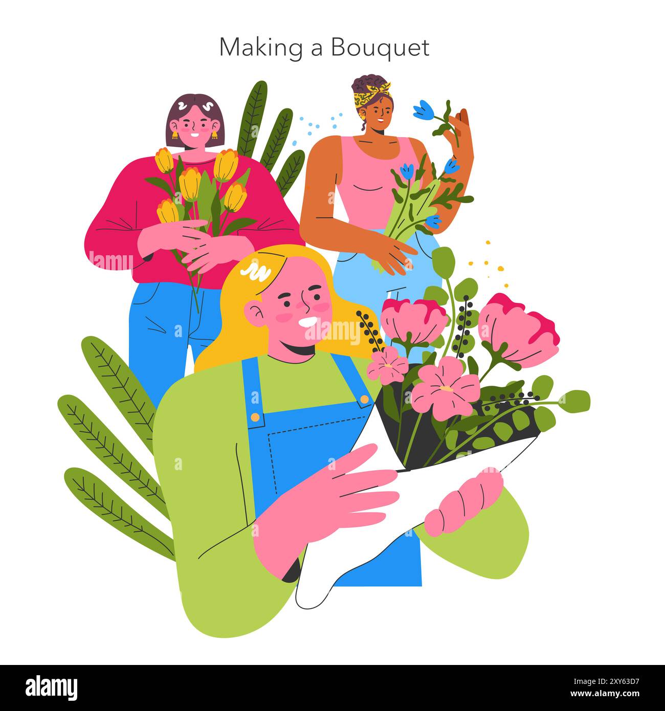 Concetto Garden Girl. Donne gioiose impegnate in composizioni floreali, creando mazzi vivaci con fiori freschi. Hobby artistico e apprezzamento della natura. Illustrazione vettoriale. Illustrazione Vettoriale