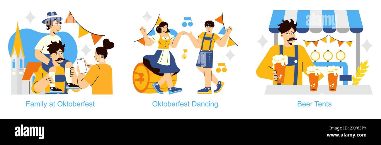 Set Oktoberfest. Scene celebrative, tra cui divertimento per tutta la famiglia, balli tradizionali e tende da birra. Festival culturale tedesco, gioia e spirito comunitario. Illustrazione vettoriale. Illustrazione Vettoriale
