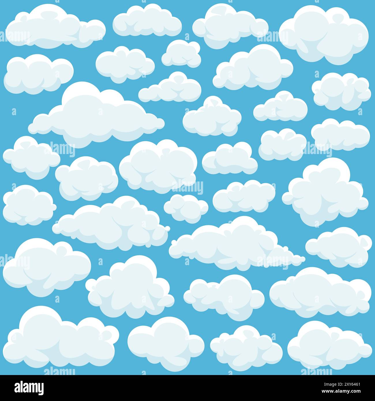 Fumetti soffici di cartoni animati su sfondo blu cielo in un design piatto. Raccolta di fumetti di illustrazione vettoriale Illustrazione Vettoriale