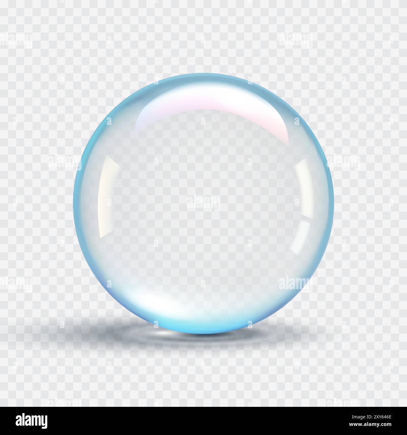 Realistica bolla di sapone trasparente con tinta blu. Goccia di acqua limpida. Illustrazione vettoriale 3D. Illustrazione Vettoriale