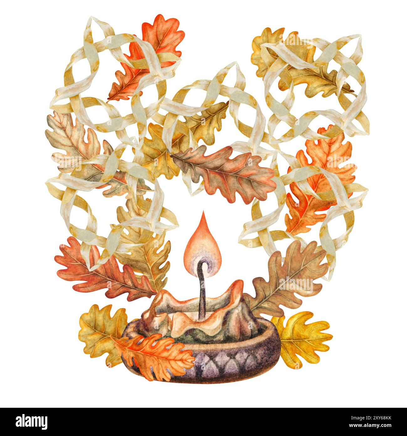 Romantiche foglie di arancio e quercia marrone autunnale, vaso, candela, ornamento di paglia. Modello cartolina con illustrazione ad acquerello. Consistenza del fogliame naturale Foto Stock