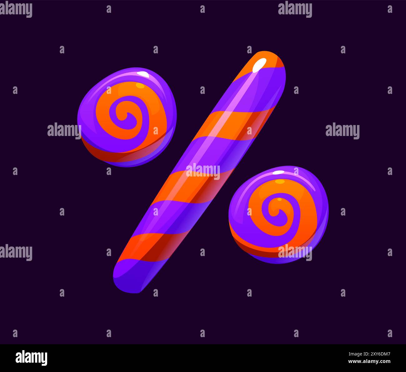 Font di Halloween, simbolo di punteggiatura percentuale simile a caramelle, cartoni animati di tipo malvagio, carattere divertente e spaventoso alfabeto glifo. Segno percentuale tipografia vettoriale isolato con strisce rosa e viola Illustrazione Vettoriale