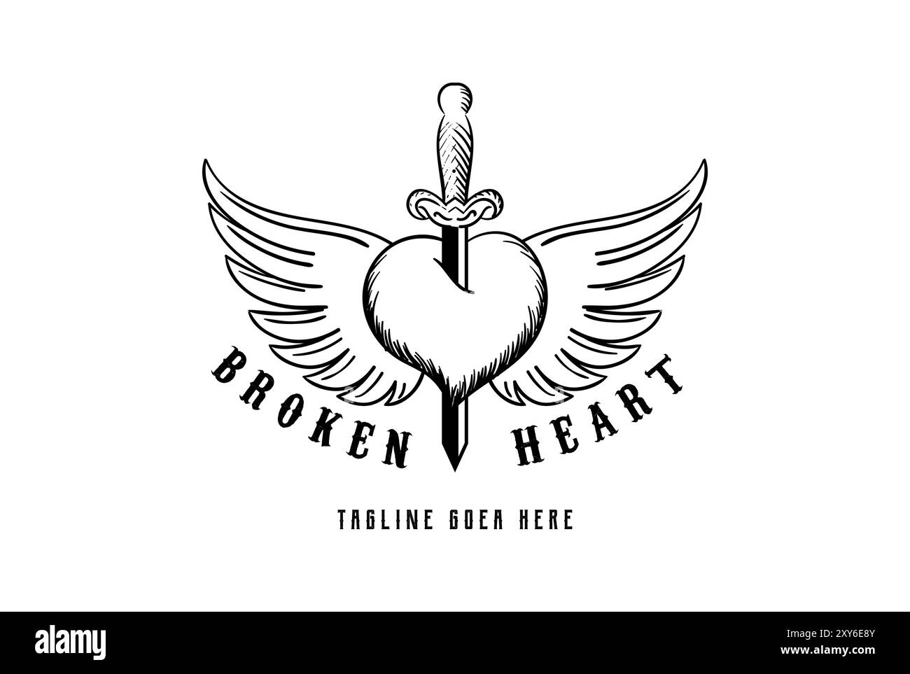 Stiletto vintage retro Love Heart Dagger con Ali d'angelo per Tattoo Logo Design Vector Illustrazione Vettoriale