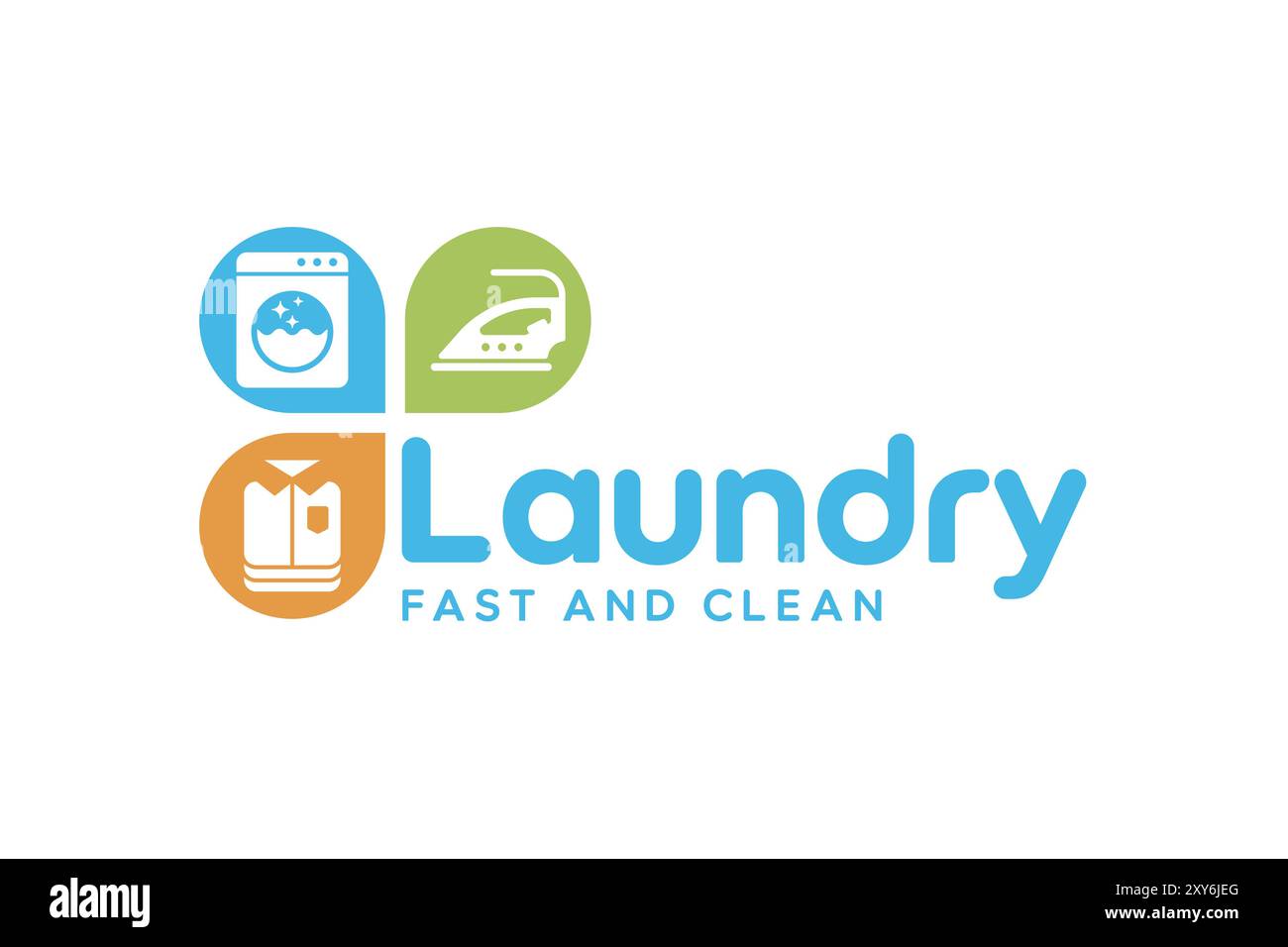 Modello del logo del servizio di lavanderia creativo. Icona lavatrice, ferro da stiro e abiti piegati Illustrazione Vettoriale
