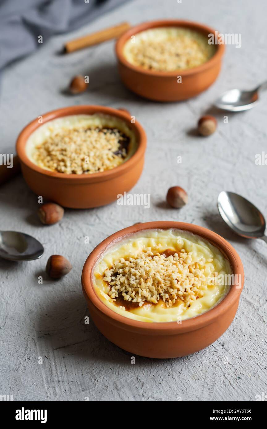 Budino di riso al forno sutlac per dessert lattiginoso turco in casseruola con bastoncini di cannella e nocciole tritate Foto Stock