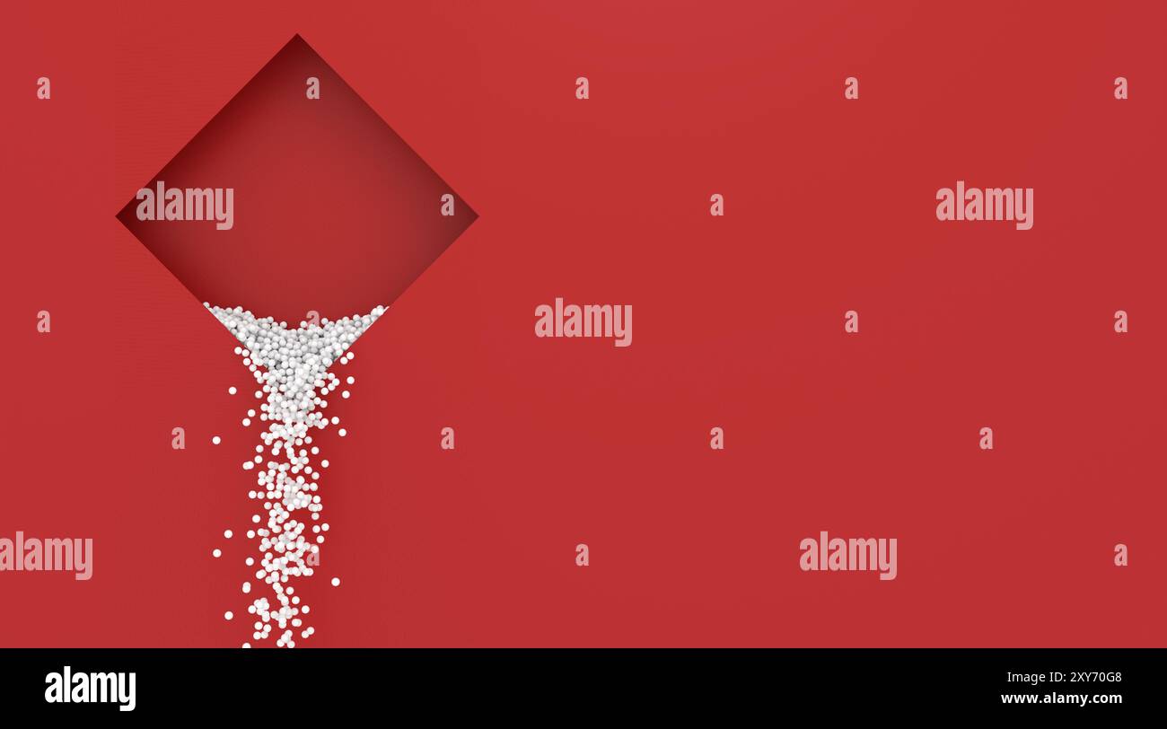 Le biglie cadono da un'alcova, sfondo rosso - rendering 3D. Foto Stock