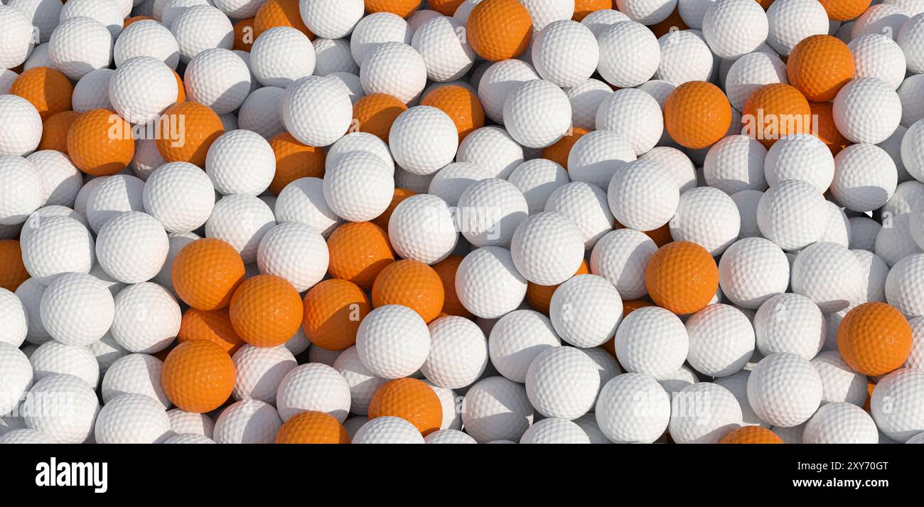 Sfondo completamente riempito di palline da golf bianche e arancioni - rendering 3D. Foto Stock