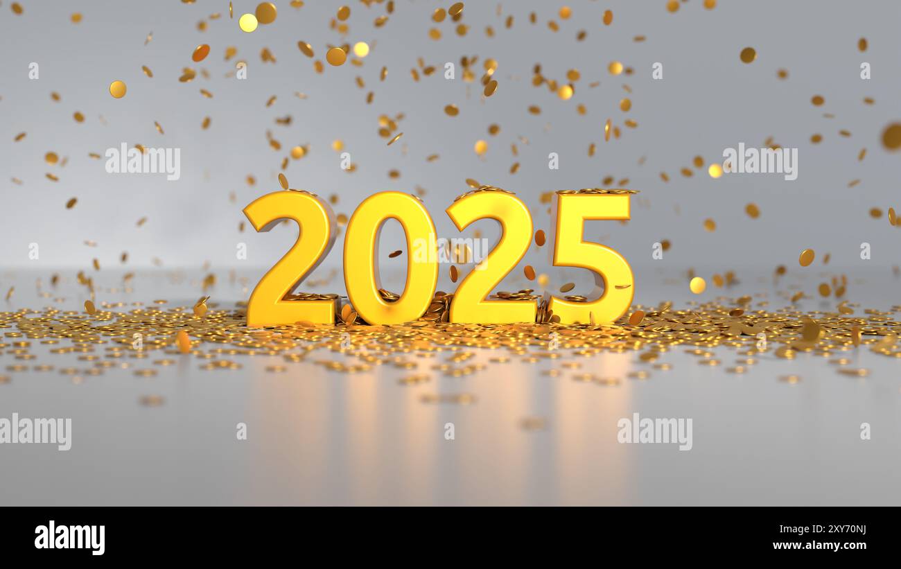 2025 testo con coriandoli - effetto profondità di campo - scheda buon anno - rendering 3D. Foto Stock