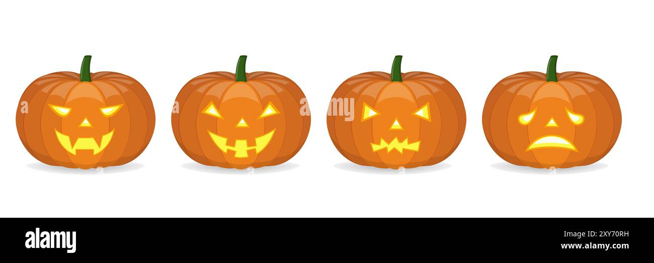 Zucche di Halloween su sfondo trasparente con volti diversi Foto Stock