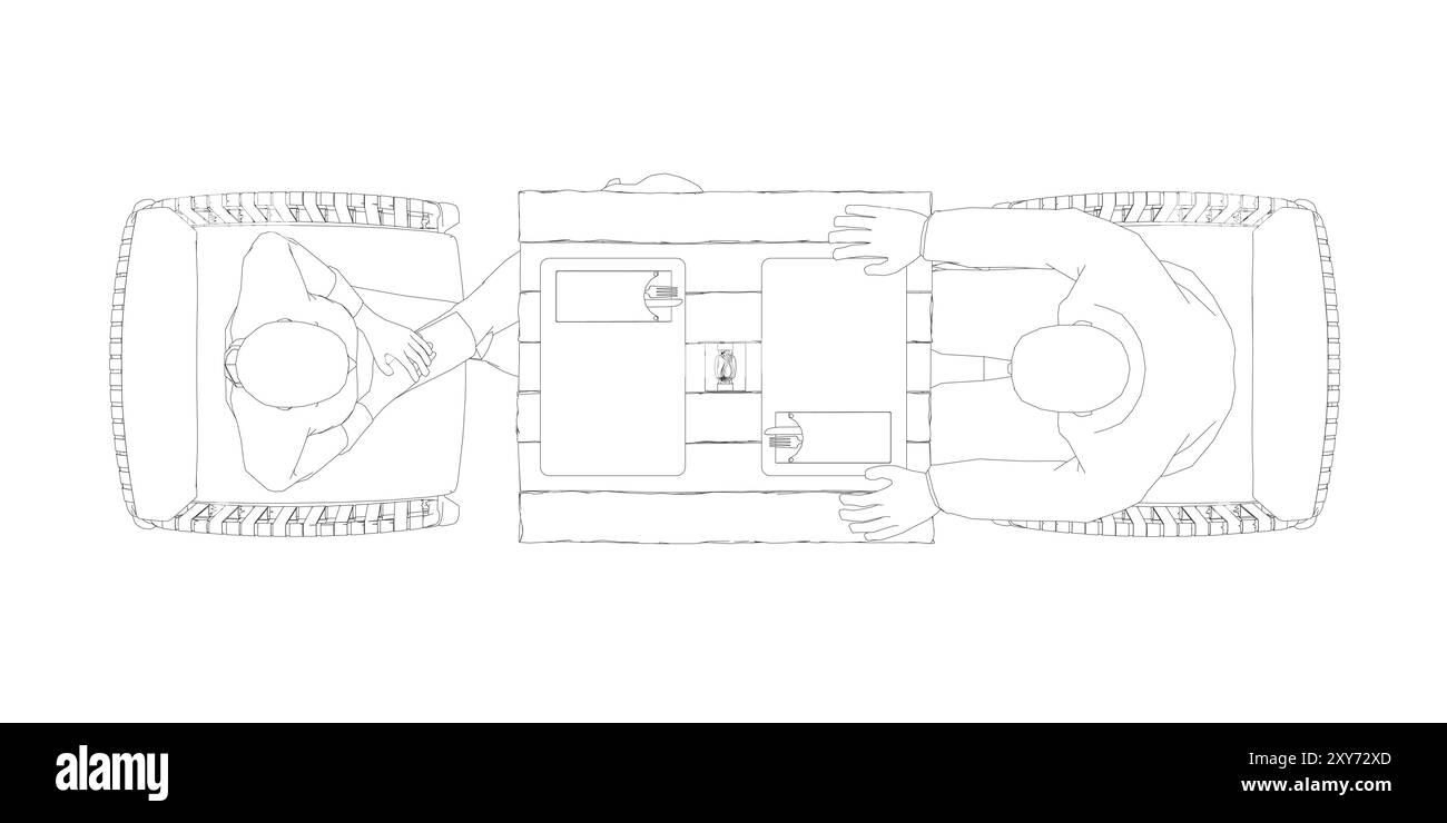 Profilo di uomo e donna seduti su sedie l'uno di fronte all'altro a tavola. Colloquio di lavoro. Vista dall'alto. Illustrazione vettoriale. Illustrazione Vettoriale