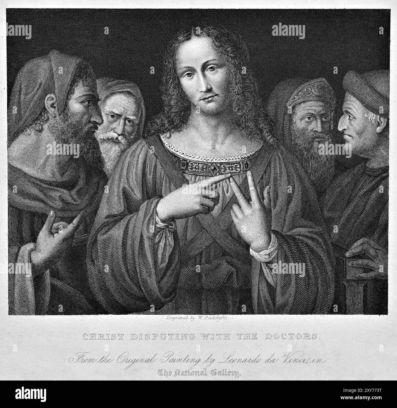 Gesù Cristo contesta con i medici, dopo aver dipinto Leonardo da Vinci, incisione dell'incisore inglese William Radclyffe, 1783 - 1855, c1800s Foto Stock